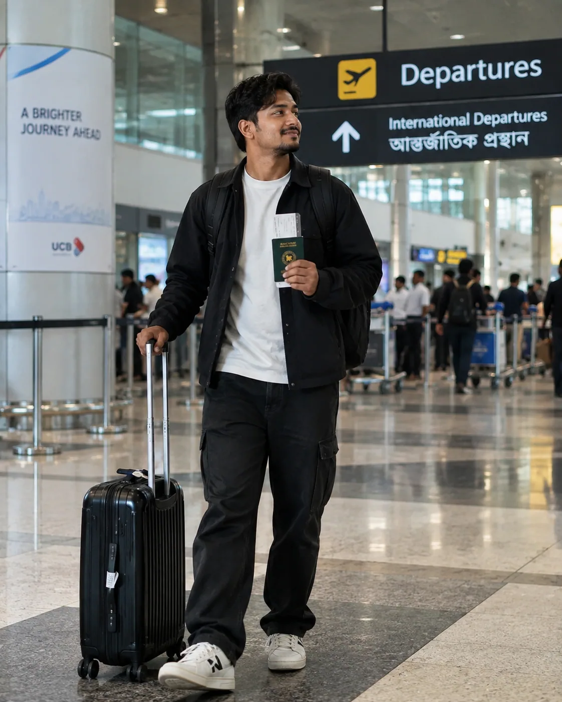 Traveller checking their phone before their trip to Canada