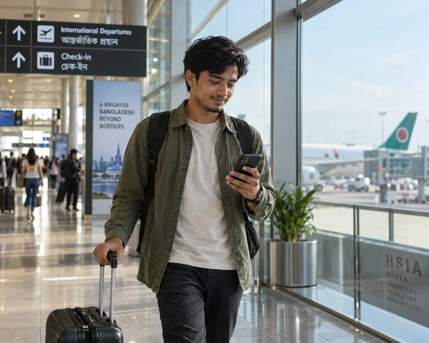Traveller from Bangladesh arriving at a Canadian airport and checking their phone