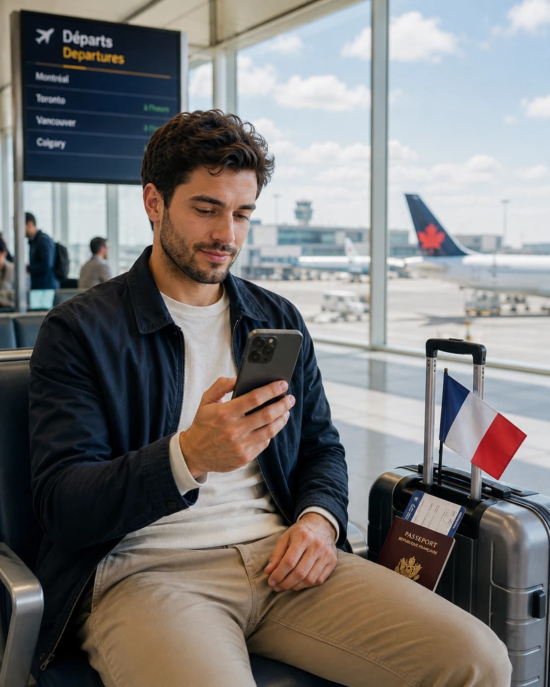 Traveller checking their phone before their trip to Canada