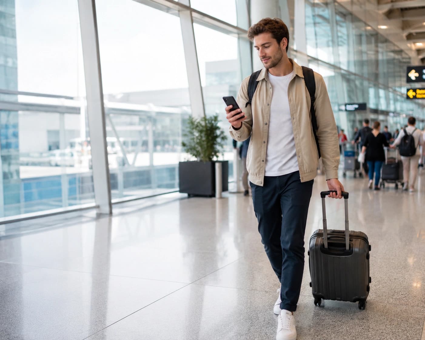 Traveller from France arriving at a Canadian airport and checking their phone