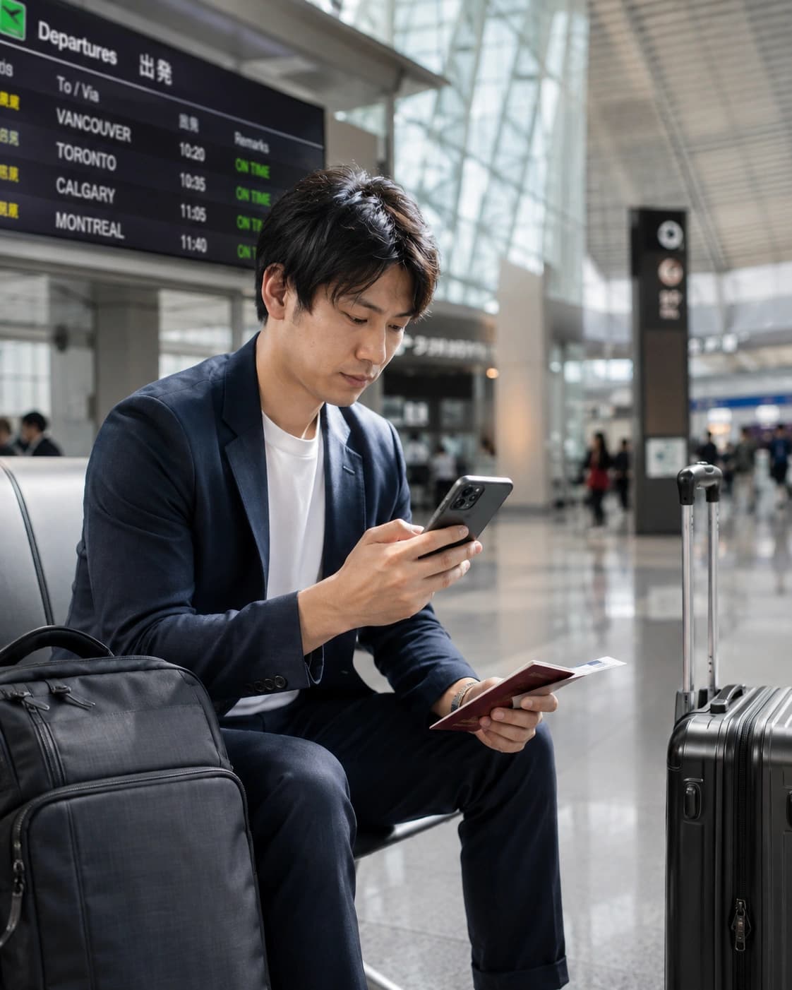 Traveller checking their phone before their trip to Canada