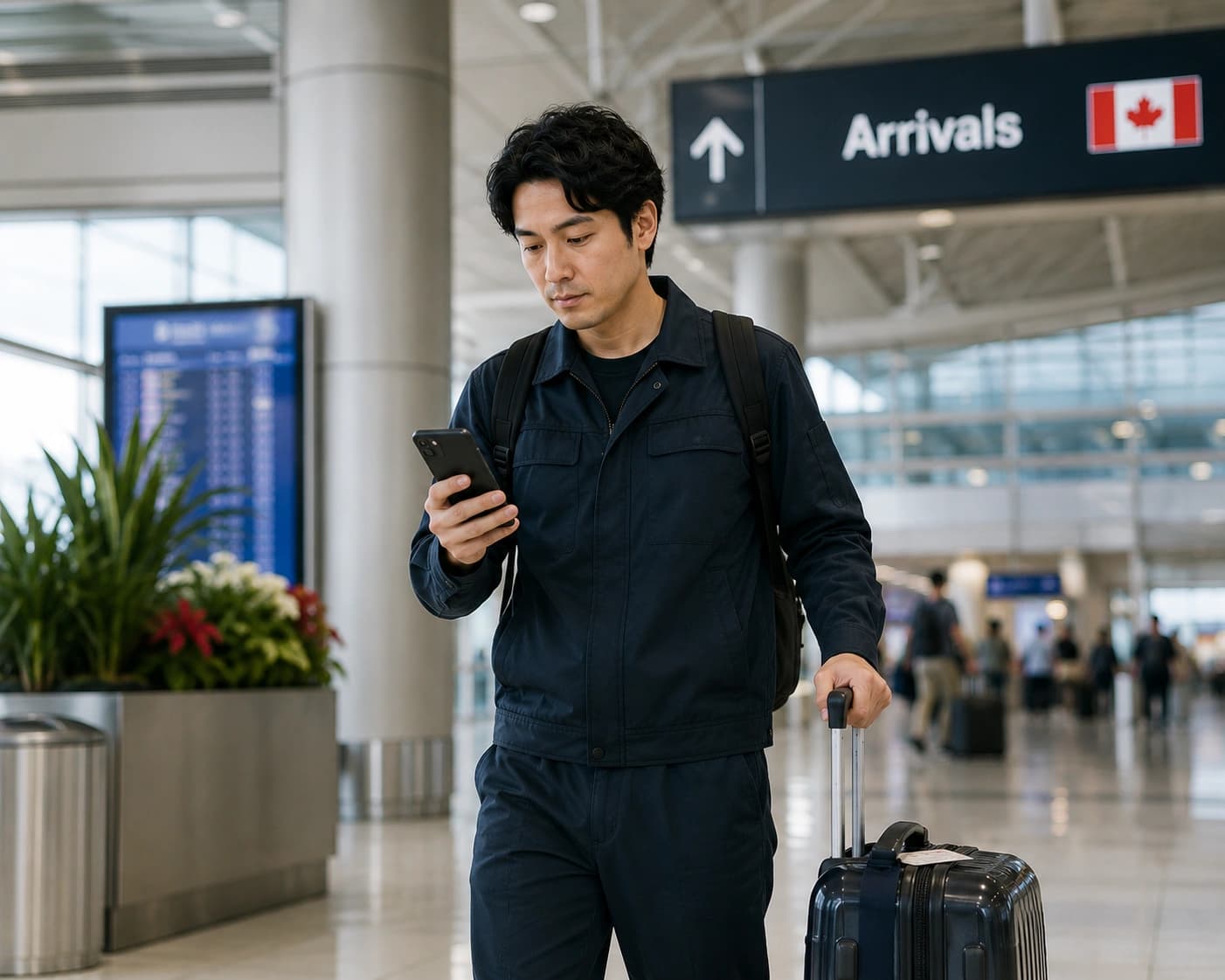 Traveller from Japan arriving at a Canadian airport and checking their phone