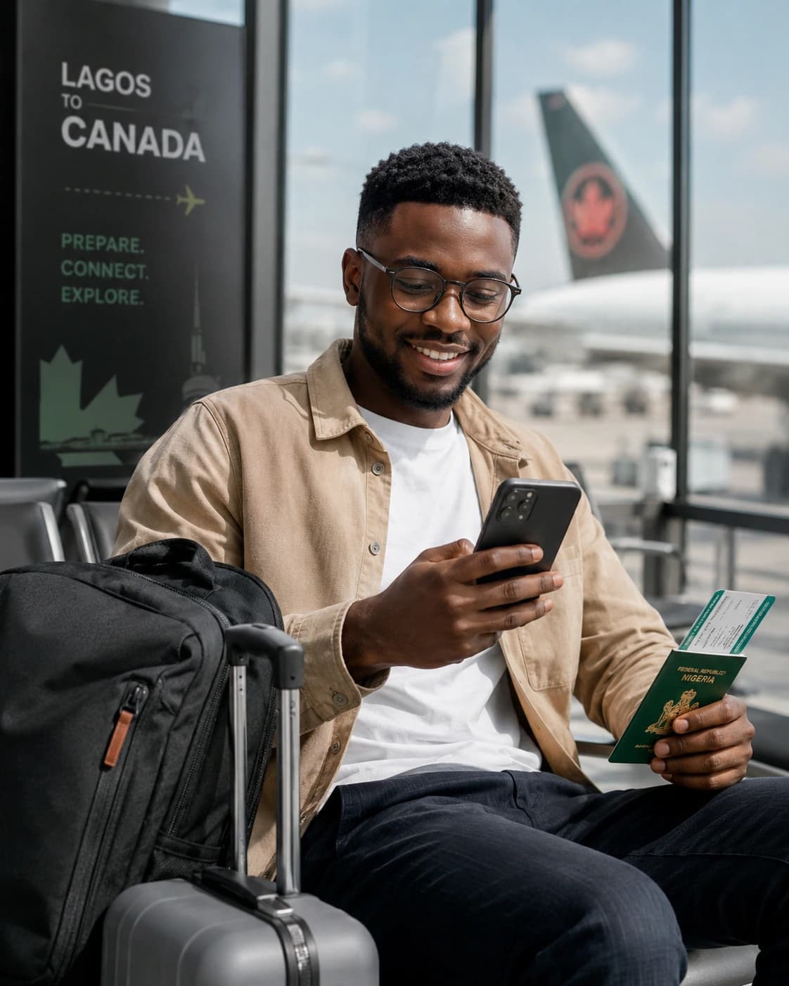 Traveller checking their phone before their trip to Canada