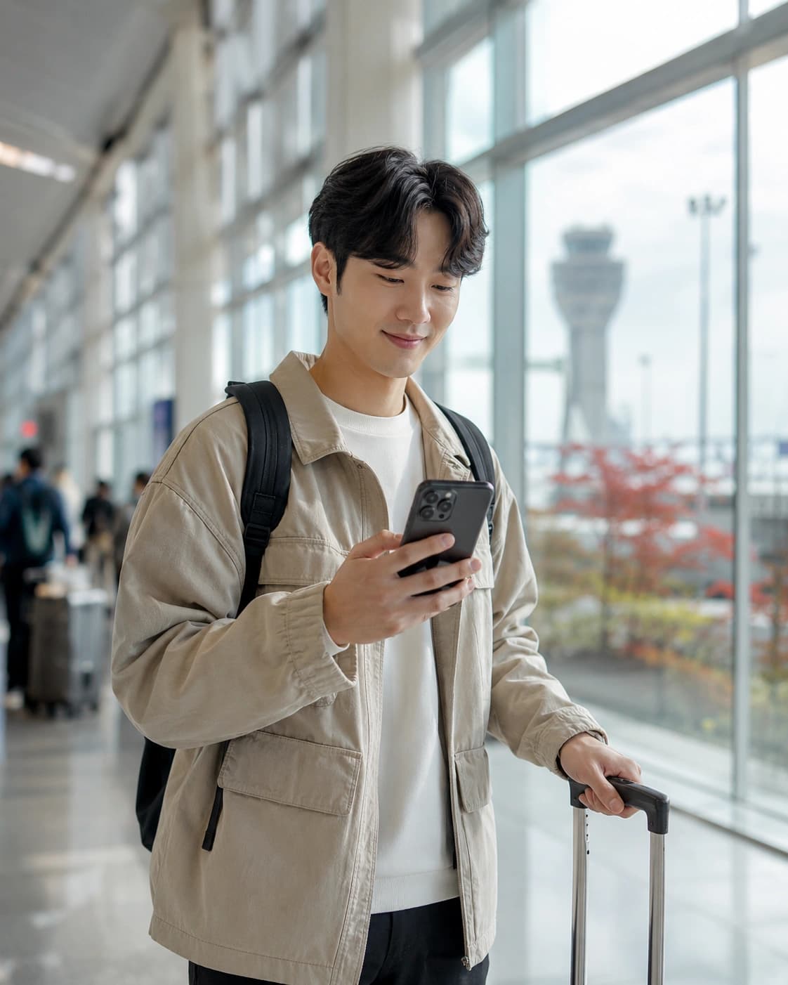 Traveller checking their phone before their trip to Canada