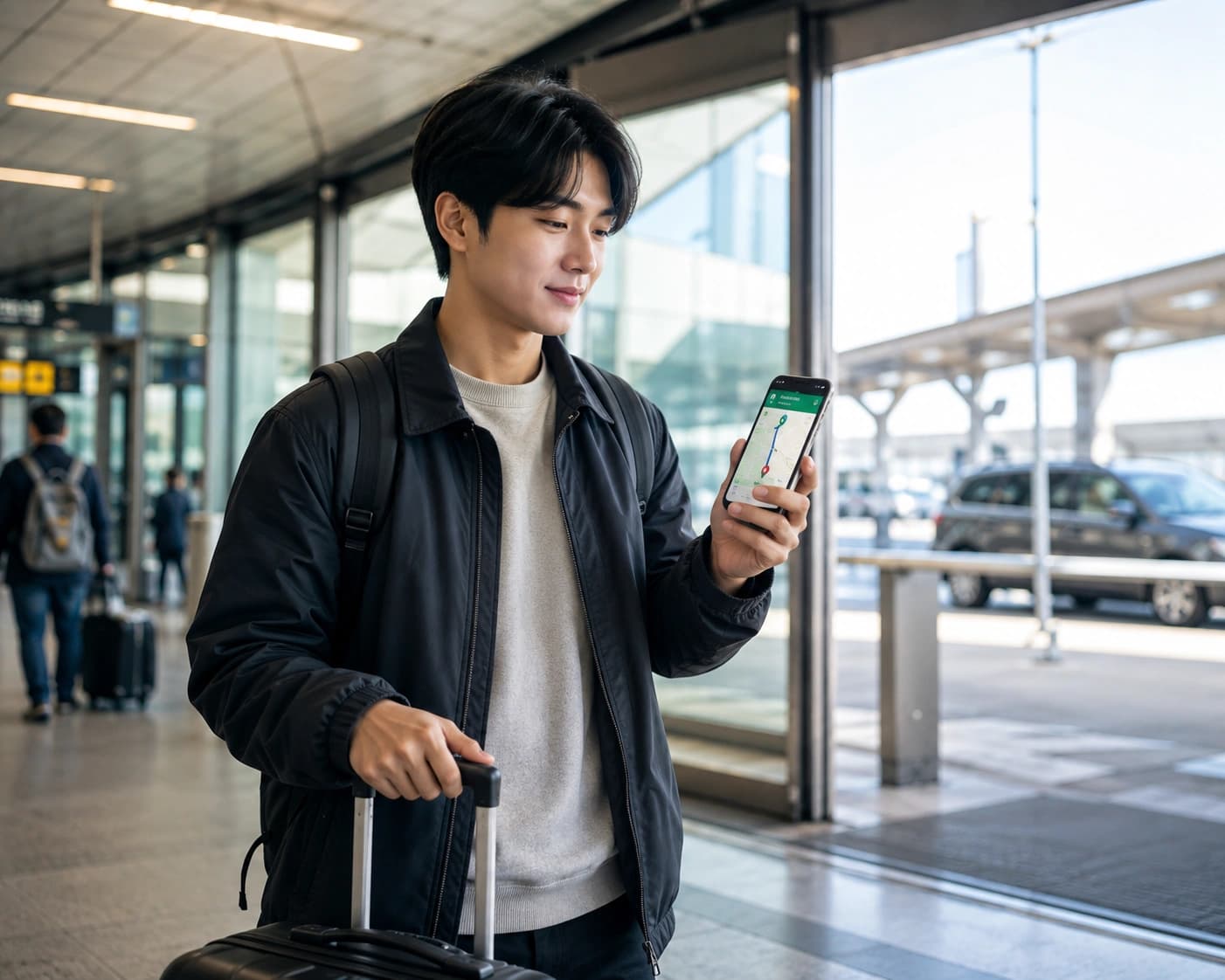 Traveller from South Korea arriving at a Canadian airport and checking their phone