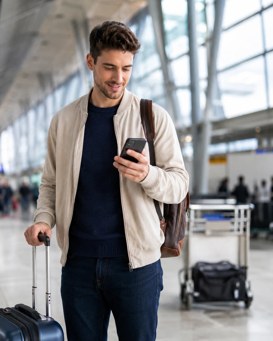 Traveller checking their phone before their trip to Canada