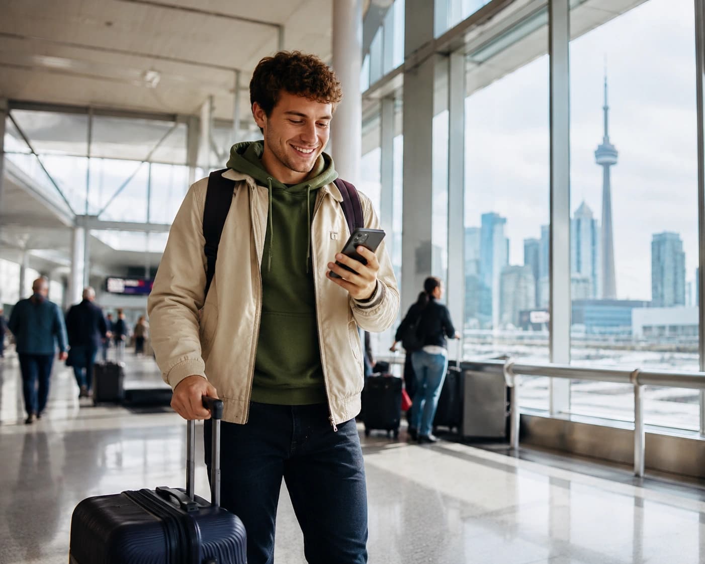 Traveller from the United Kingdom arriving at a Canadian airport and checking their phone