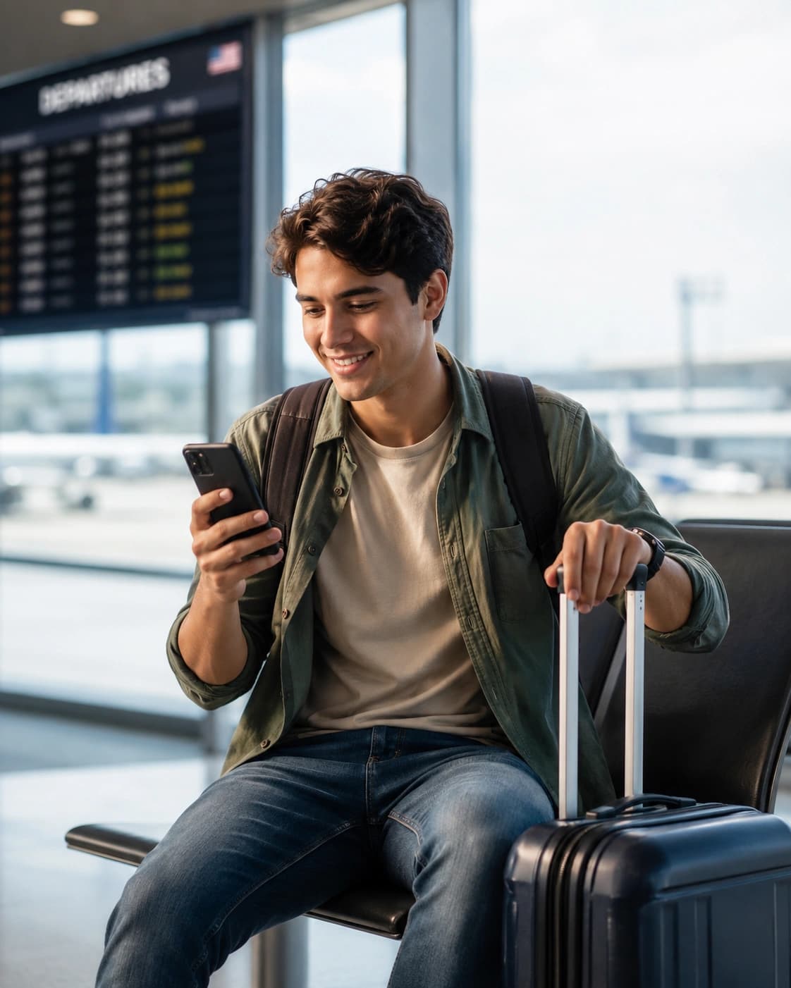 Traveller checking their phone before their trip to Canada