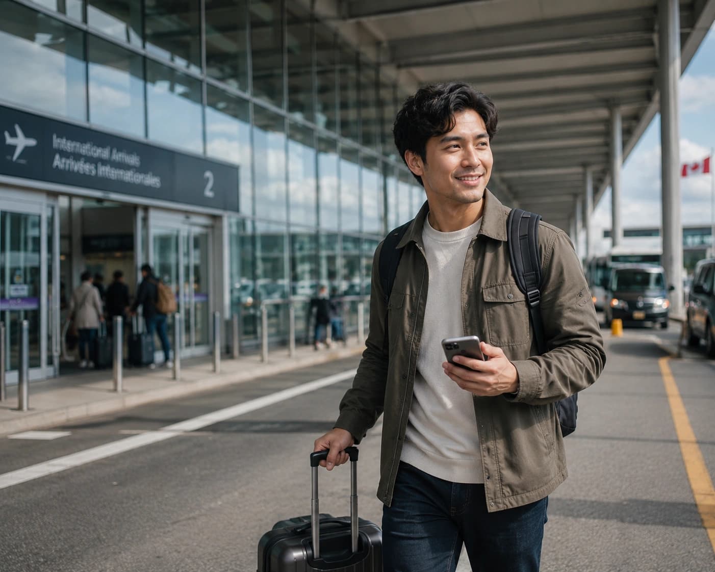 Traveller from the United States arriving at a Canadian airport and checking their phone