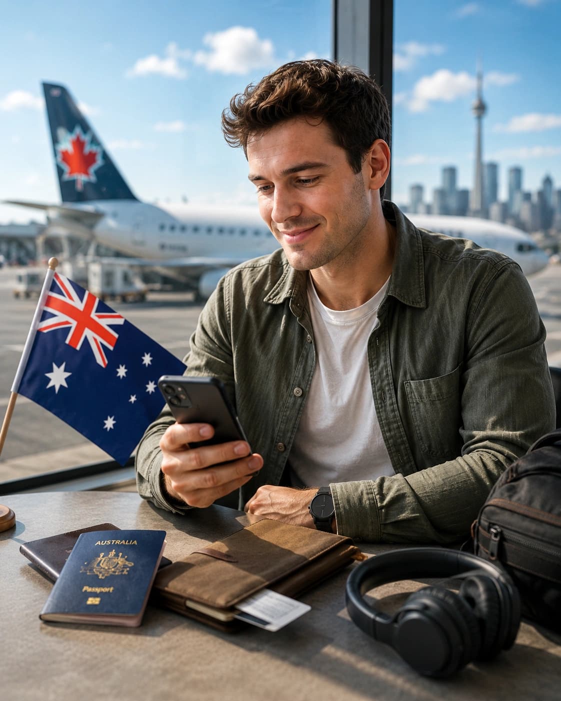 Traveller checking their phone before their trip to Canada