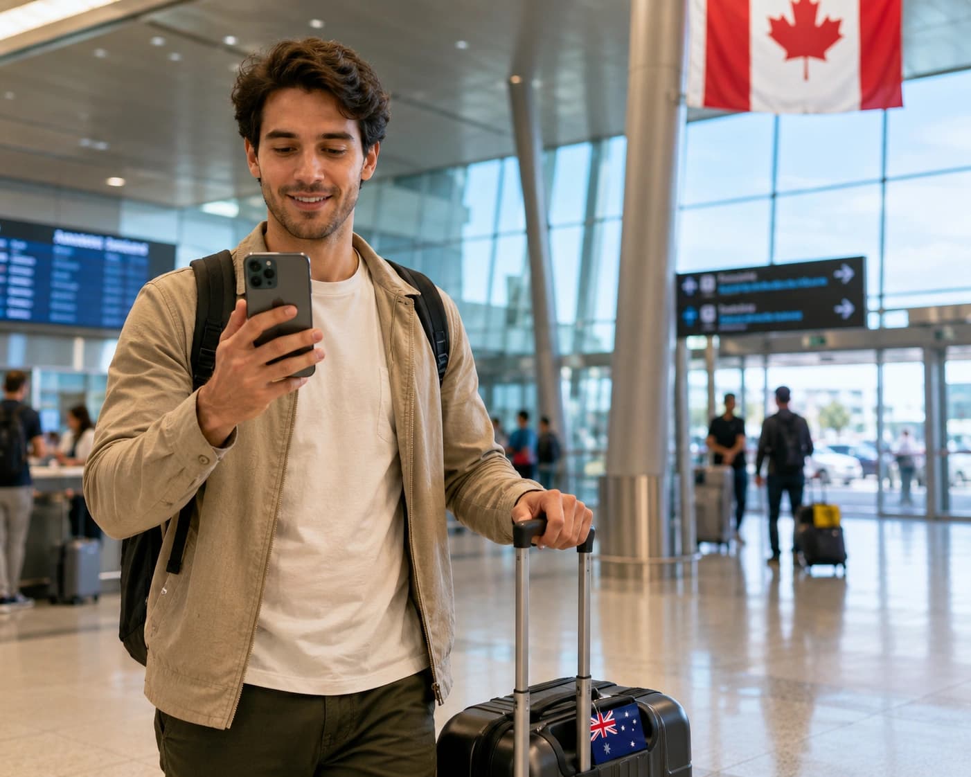 Traveller from Australia arriving at a Canadian airport and checking their phone