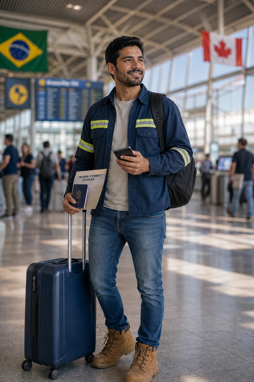 Traveller checking their phone before their trip to Canada