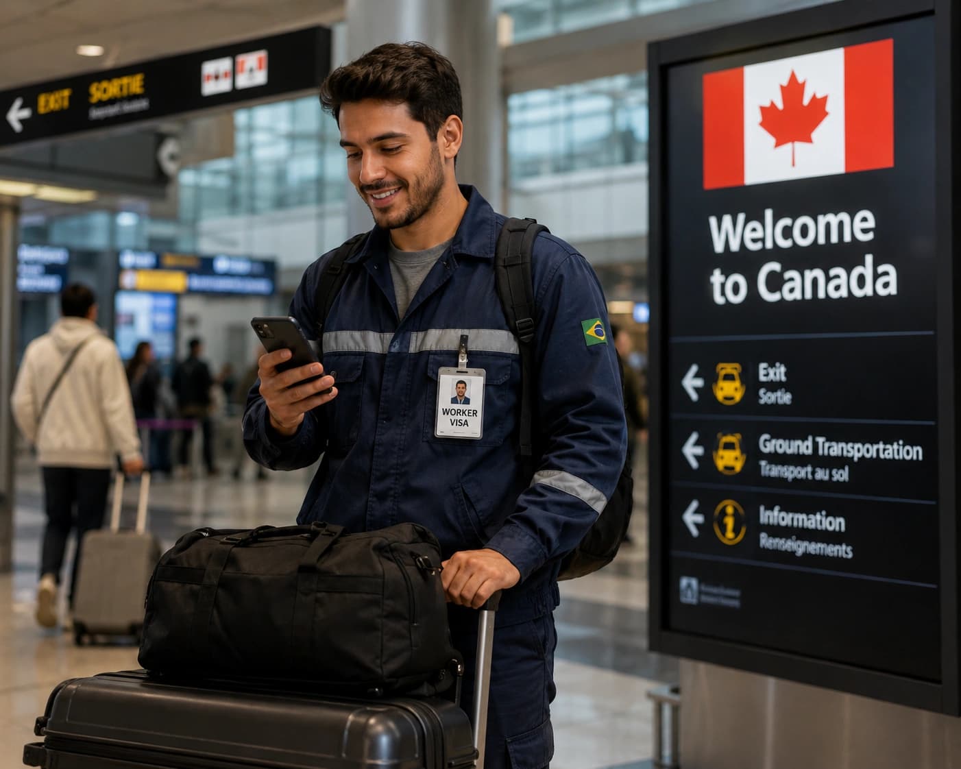 Traveller from Brazil arriving at a Canadian airport and checking their phone