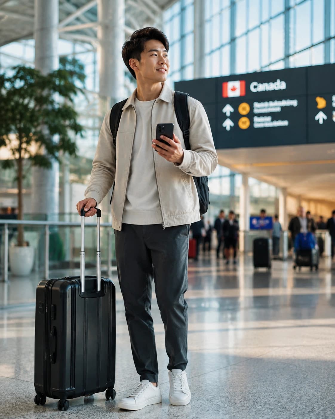 Traveller checking their phone before their trip to Canada