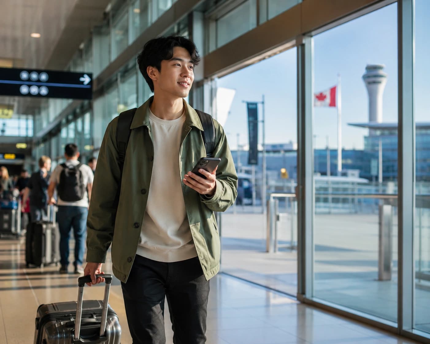 Traveller from China arriving at a Canadian airport and checking their phone