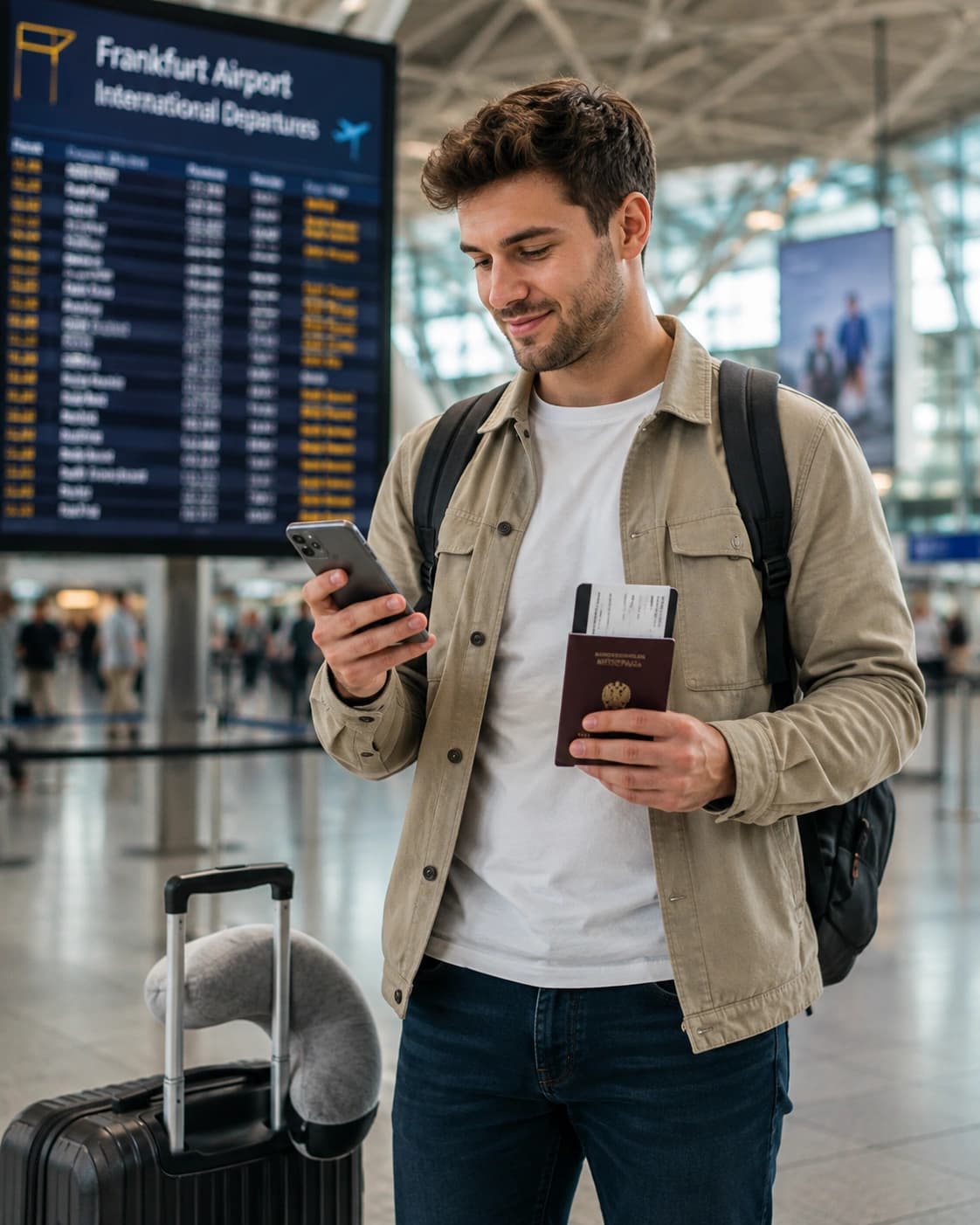 Traveller checking their phone before their trip to Canada
