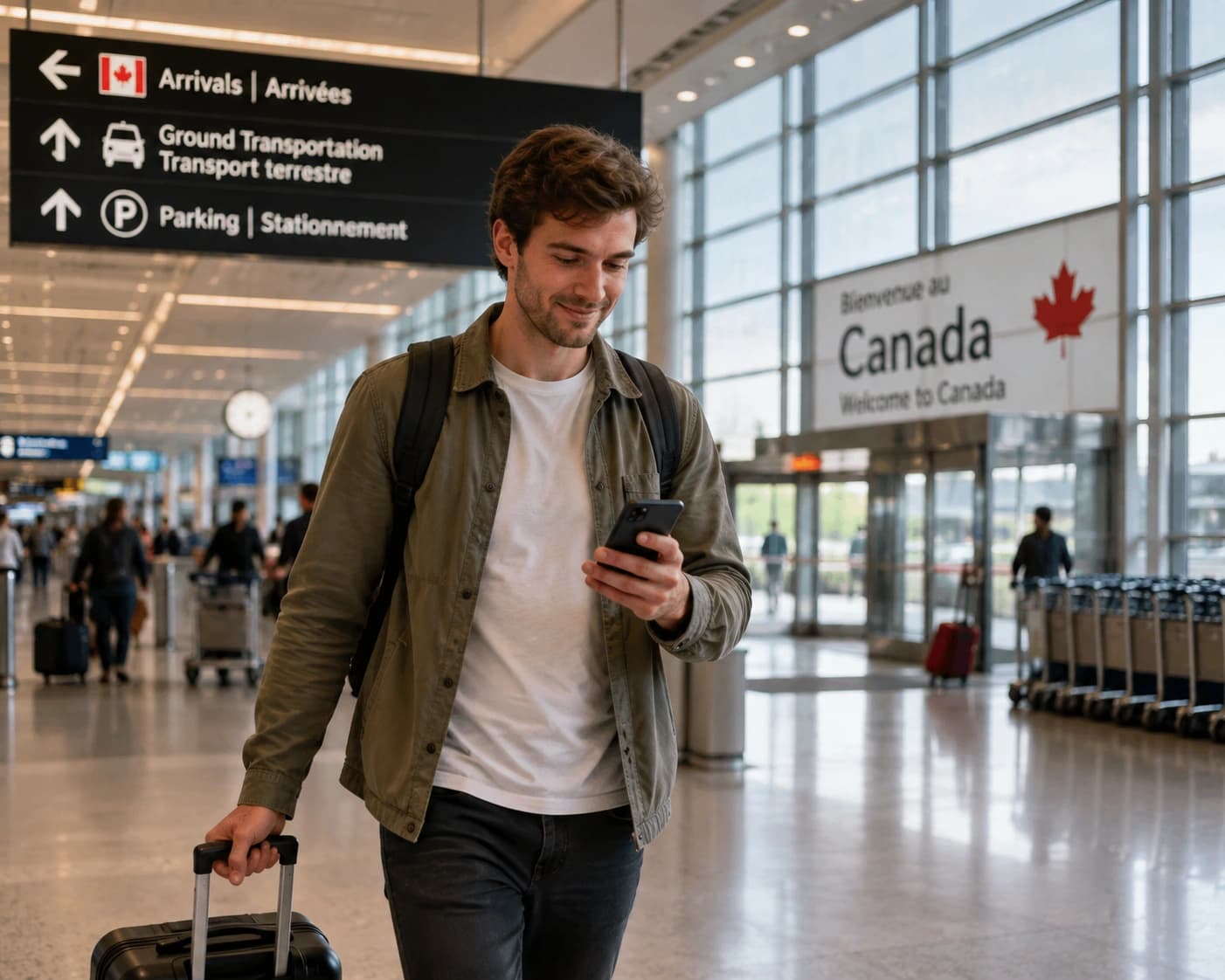 Traveller from Germany arriving at a Canadian airport and checking their phone