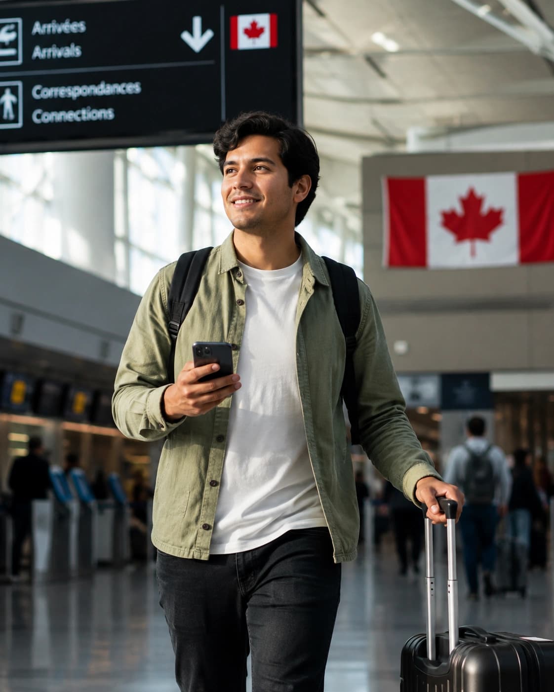 Traveller checking their phone before their trip to Canada