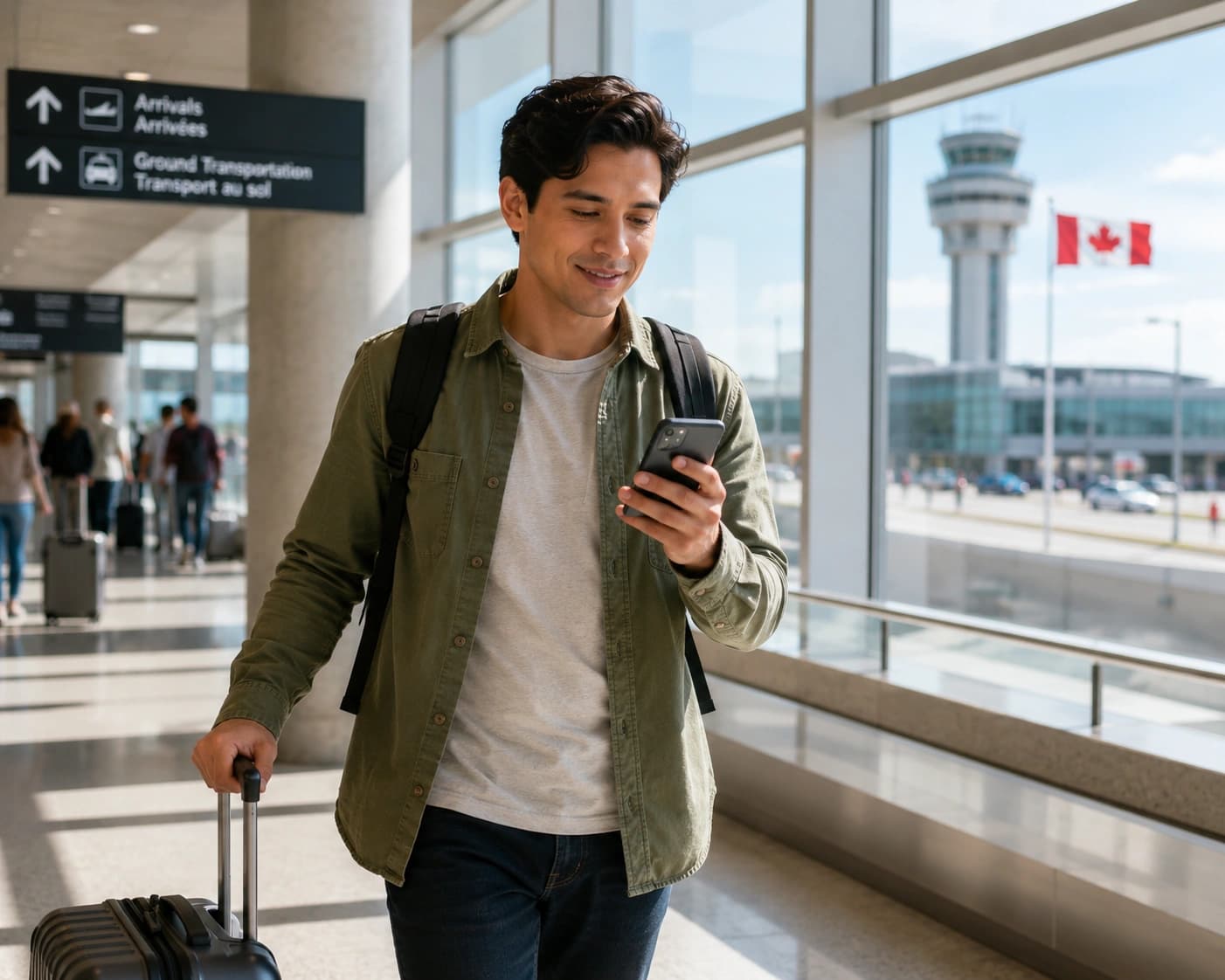 Traveller from Mexico arriving at a Canadian airport and checking their phone