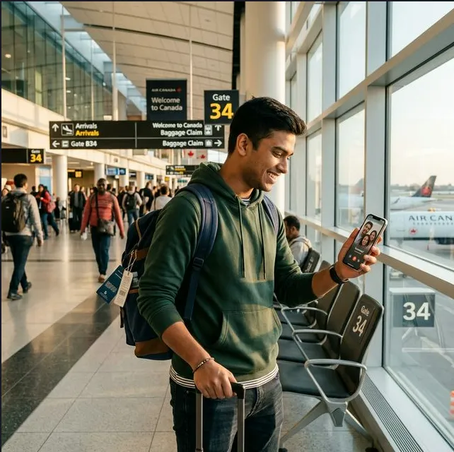 A happy international student enthusiastically video calling their family right after arriving safely in Canada