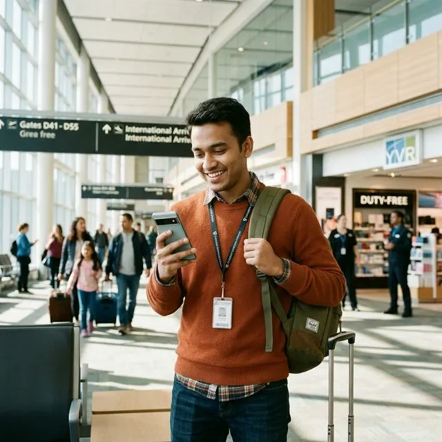 A happy international student arriving at a Canadian airport, demonstrating affordable connectivity